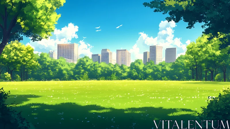 Sunlit city park meadow opens onto a calm urban skyline