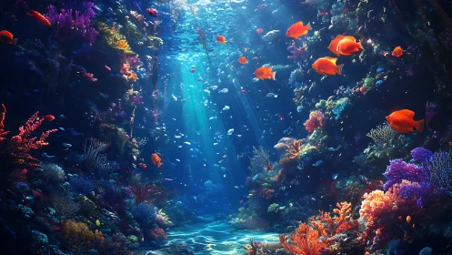 Sunlit coral canyon hosts vivid tropical fish in clear water