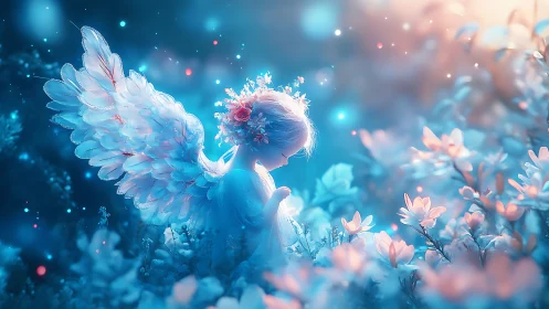 Gentle garden angel resting in a dreamy pastel glow.