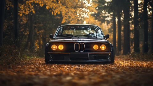 Classic BMW cruising through a golden autumn forest road.