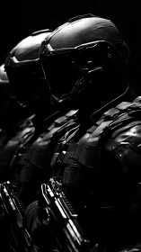 Armored futuristic soldiers stand ready in ominous shadow