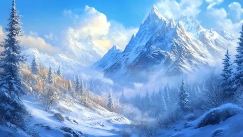 Snowbound sky-temple peaks crown a glowing winter valley.