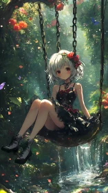 Enchanted forest girl gently swings above a sparkling stream