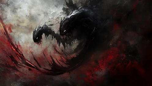 Abstract shadow creatures surge through blood-red vortex