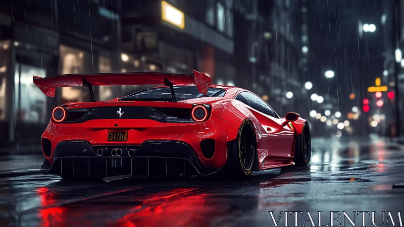 Red sports car on wet city street at night in rain.