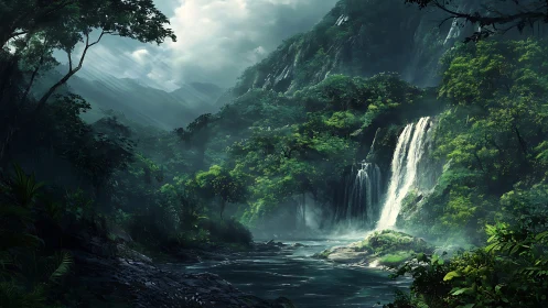 Emerald Cascades: Where Jungle Dreams Tumble Into Twilight Waters.