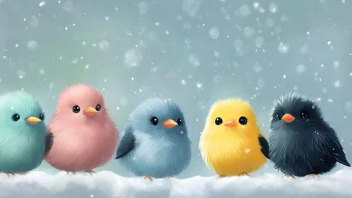 Adorable Colorful Birds in Snowfall, Digital Art Illustration.