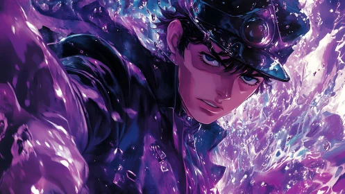Intense anime hero in violet liquid energy surge portrait.