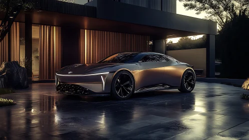Silver concept coupe parked beside modern house at dusk.