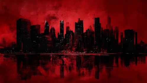 Noir skyline silhouette cuts through saturated red urban haze