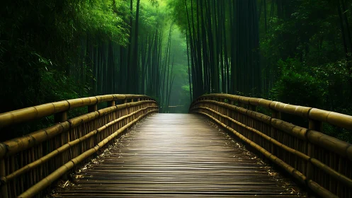 Curved bamboo pedestrian bridge through dense green bamboo forest