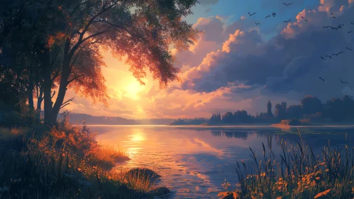 Sunset lake landscape with glowing clouds and trees.