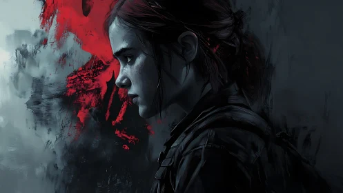 Brooding young survivor profile against red abstract smear