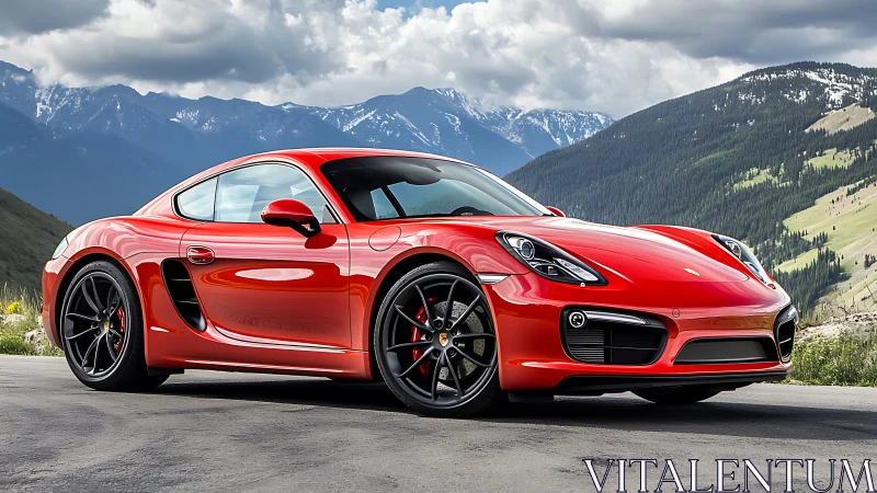 Red mid‑engine sports coupe on mountain highway under clouds
