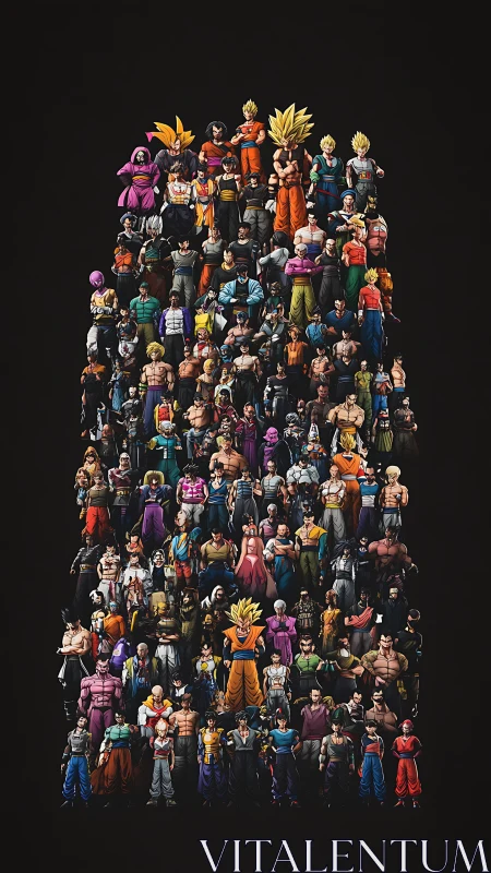Vertical grid of stylized martial characters on black background.