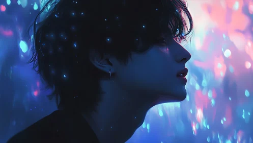 Neon-lit profile portrait with bioluminescent hair glow.