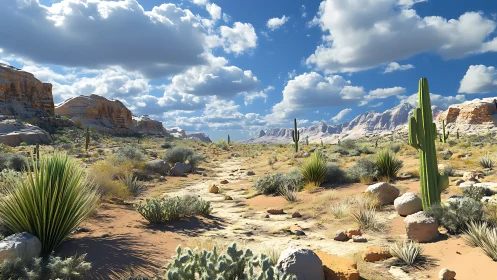 Sunlit desert trail winding through cactus and quiet cliffs.