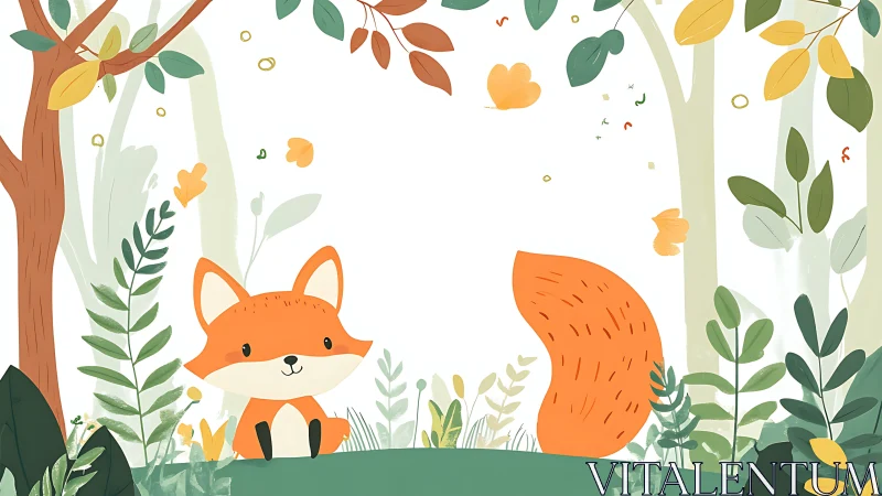 Playful fox illustration in leafy pastel forest scene.