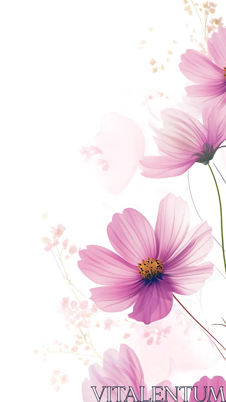 Pink Cosmos Flowers. Soft petals dance across white space.