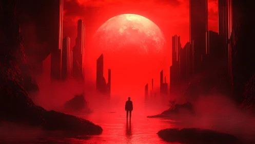 Lone wanderer crosses crimson megacity beneath burning moon.