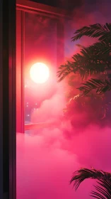 Neon sunset window with palm leaves in surreal magenta fog.