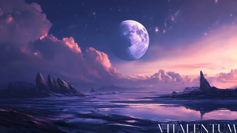 Dreamy alien shoreline under a glowing lavender moon.