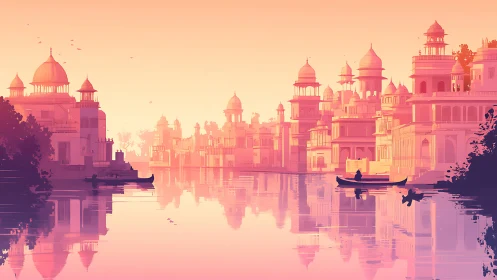 Sunlit river palace city glowing in soft peach twilight.