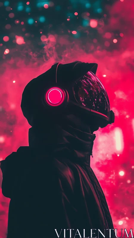 Silhouetted sci fi helmeted figure stands in neon mist