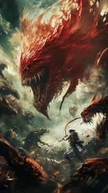 Samurai confronts colossal infernal dragon amid storm.