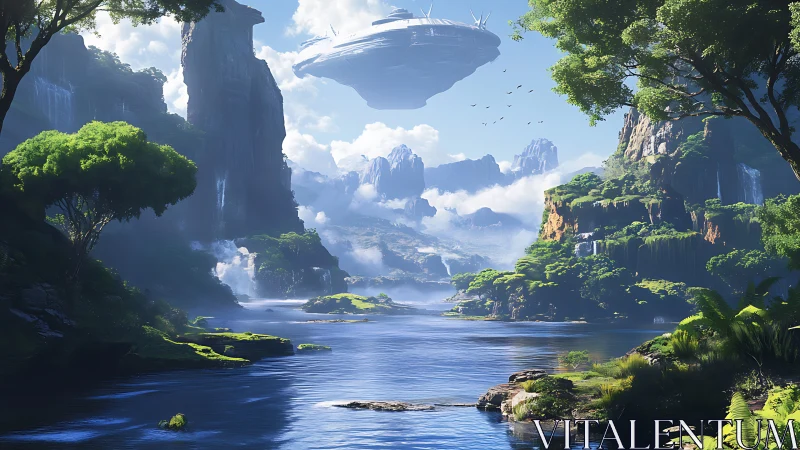 Aerial megastructure over bioluminescent riverine rainforest.