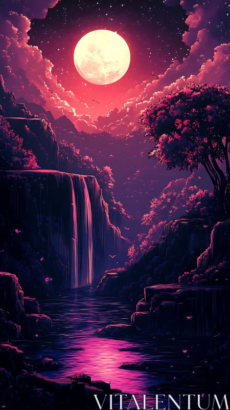 Lunar-illuminated cascade in neon nocturne landscape composition.
