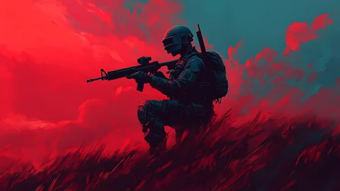 Armed soldier silhouette in red and teal digital field.