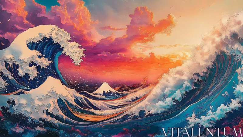 Neon storm waves collide under blazing pastel sunset sky.