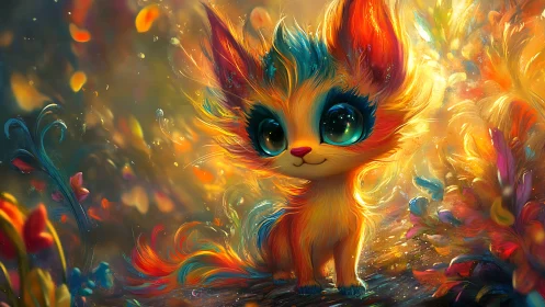 Bright neon fantasy kitten in glowing magical forest.