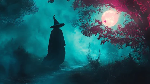 Nocturnal witch silhouette under chromatic lunar haze.