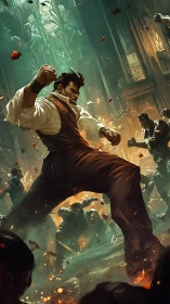 Brawler unleashed in burning alley, cinematic urban melee.