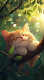 Golden-furred Cat Resting on Branch Amid Luminescent Foliage.