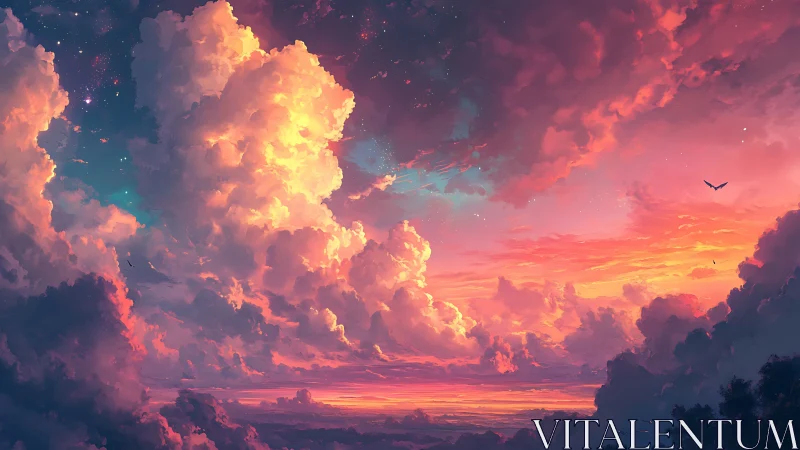 Radiant celestial storm clouds over vivid sunset horizon.