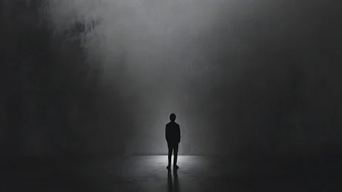 Solitary figure in stark minimalist shadowed void.