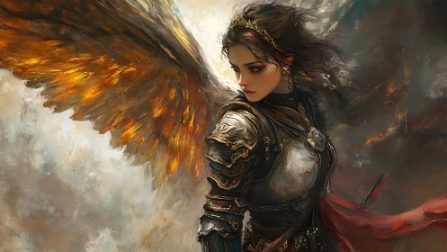 Winged warrior angel turns amid stormlit golden fire