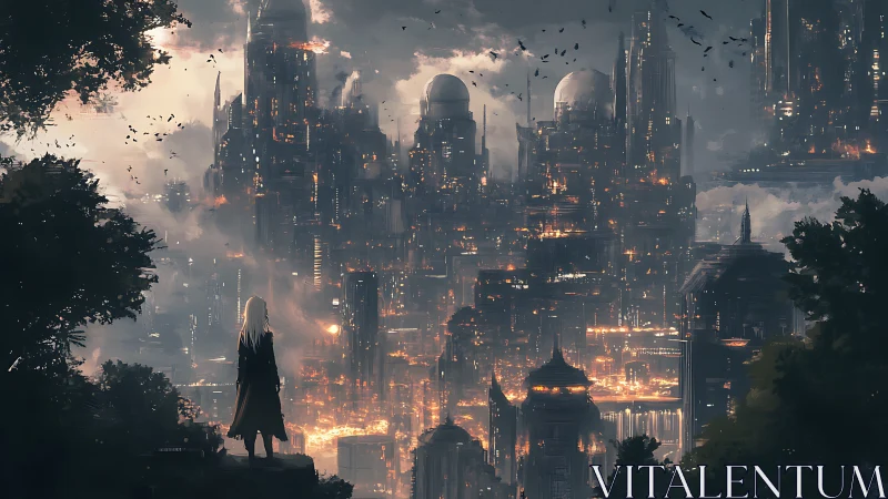 Lone wanderer gazing over a glowing dreamlike cityscape.