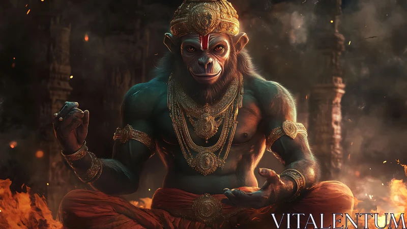 Monkey-headed warrior sits cross-legged amid drifting flames