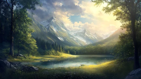 Mountain lake landscape with trees, sunlight, and clouds.