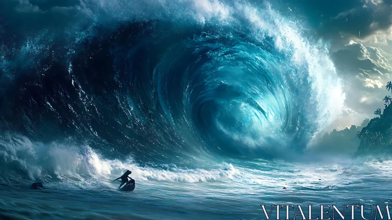 Enormous luminous wave curls toward lone boat in storm