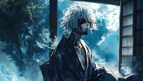 Haunting swordsman resting in a quiet blue forest retreat.