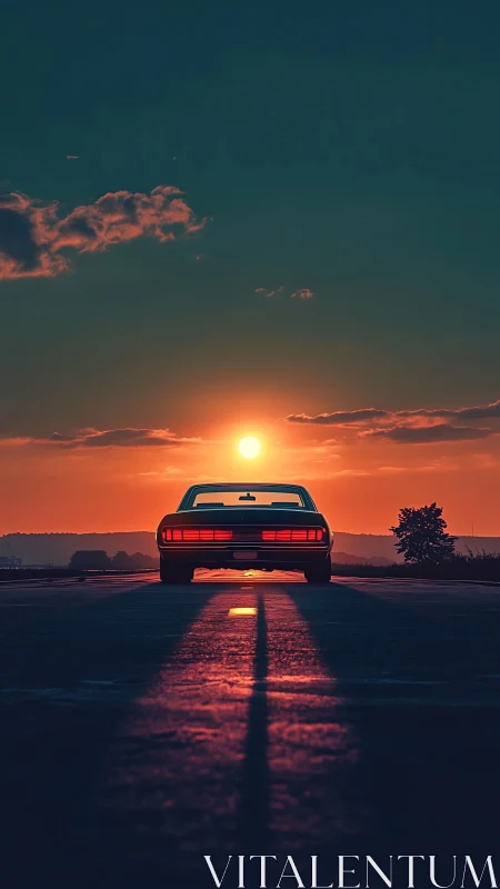 Sunset muscle car rides the glowing highway horizon blaze.