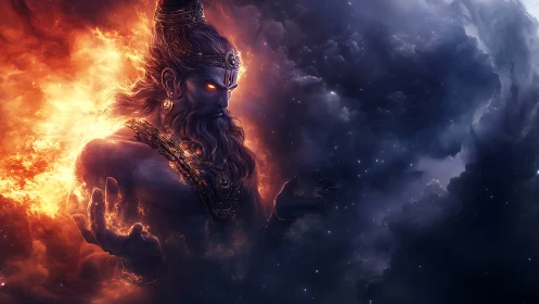 Mythic fire deity emerges from nebula of smoke and stars