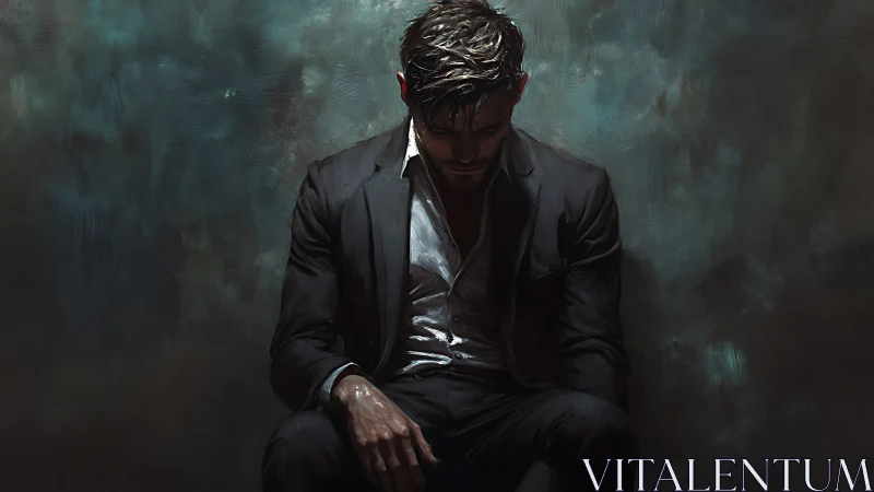 Solitary man in dark suit seated against moody backdrop.