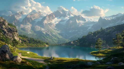 High alpine lake with glacial peaks under clear daylight sky