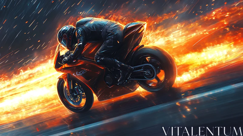 Flame-laced cyber racer knifes through storm-lit asphalt night.